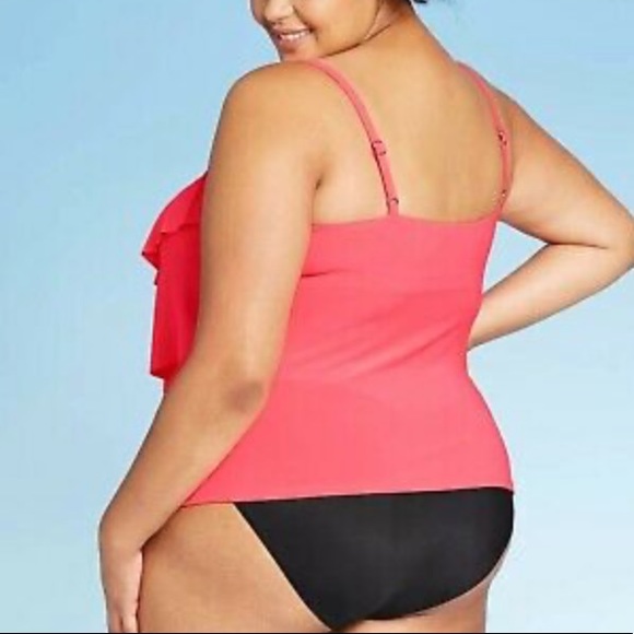 Aqua Green Plus Size Tiered Tankini Top- Neon Coral Pink - Picture 5 of 9